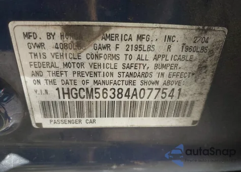 2004 Honda Accord Lx from USA, damaged, VIN 1HGCM56384A077541